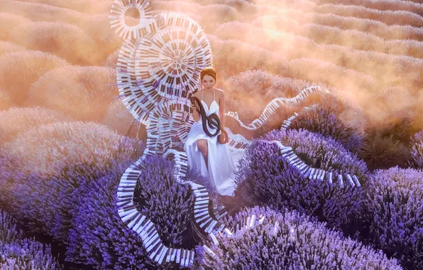 Summer, girl, nature, style, music, keys, white dress, lavender