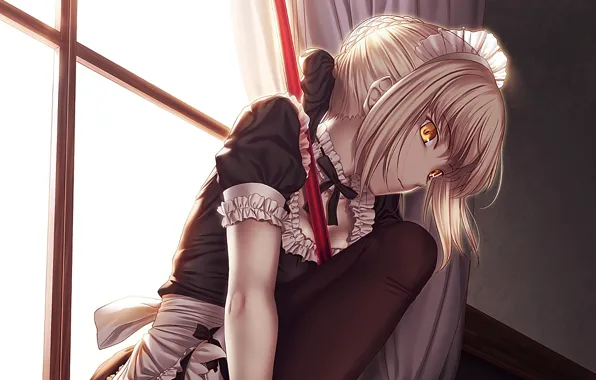 Ruski, sitting, uniform, the maid, yellow eyes, window, Saber, Fate/stay Night