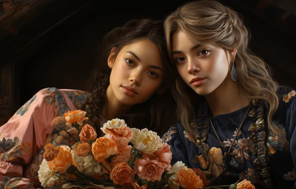 Picture girl, flowers, bouquet, two girls, AI art, neural network