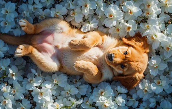 Look, light, flowers, pose, glade, beauty, legs, dog