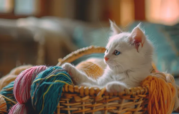 Cat, white, look, tangle, kitty, legs, baby, thread