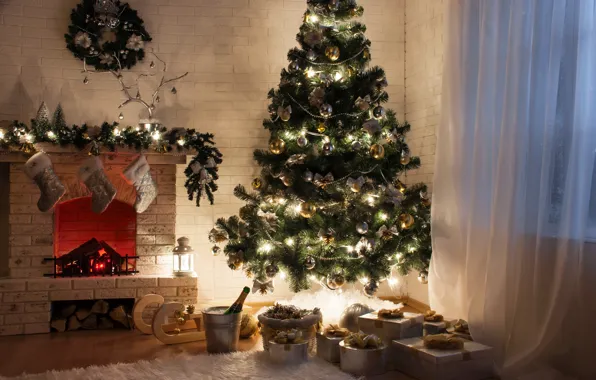 Winter, Wallpaper, toys, tree, gifts, New year, fireplace, box