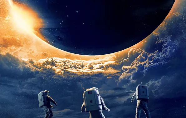 Picture The sun, Clouds, Planet, Space, Earth, The astronauts, Three, Suits