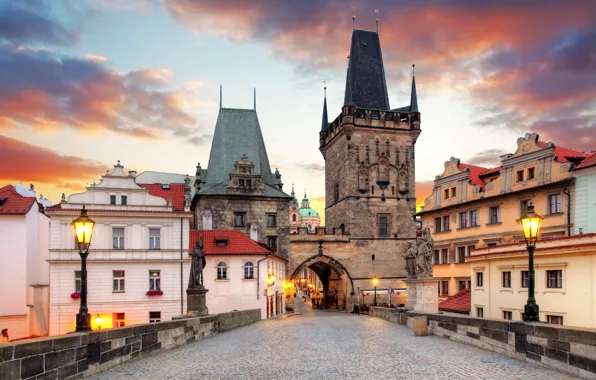 Bridge, tower, home, Prague, Czech Republic, lights, arch, architecture