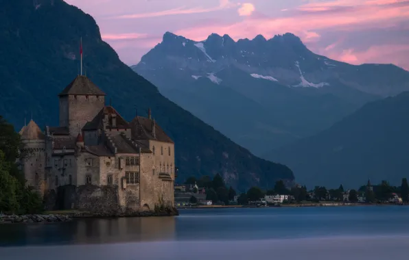 Picture mountains, lake, castle, Switzerland, The Castle Of Chillon, Veytaux, lake Geneva