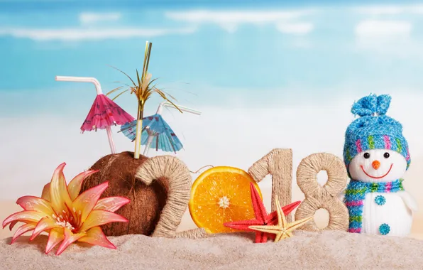 Sand, beach, decoration, New Year, snowman, happy, beach, 2018
