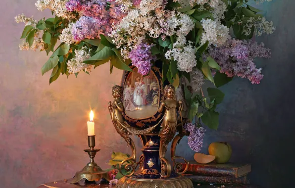 Style, books, Apple, candle, bouquet, vase, still life, lilac