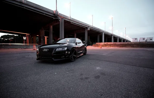 Audi, The evening, Black, Bridge, Lights, RS5, Tuning