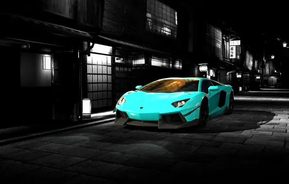 Road, car, machine, auto, night, the city, Lamborghini, logo