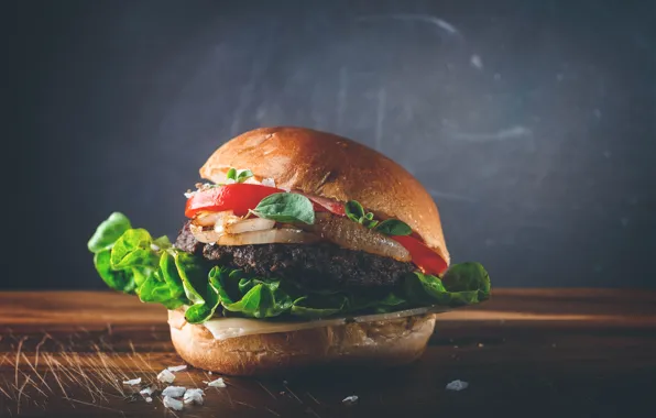 Bow, meat, vegetables, tomato, hamburger, bun, salad