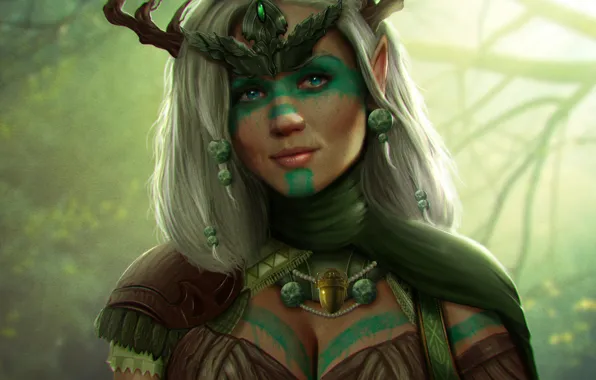Picture girl, face, art, horns, Diadema, druid