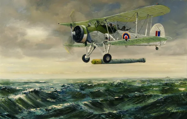 Picture war, art, airplane, painting, aviation, ww2, Fairey Swordfish