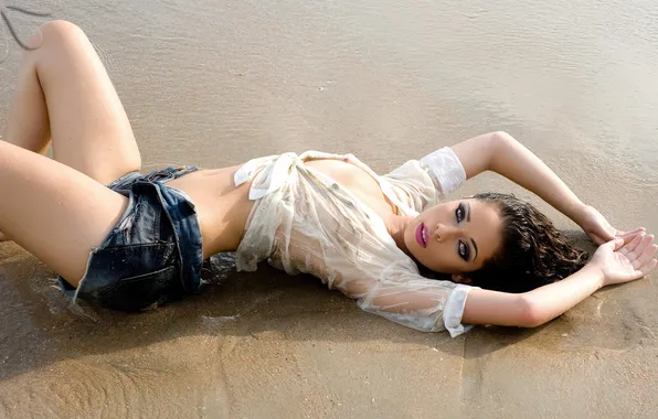 Picture girl, wet, shorts, woman, young, beautiful, model, shirt