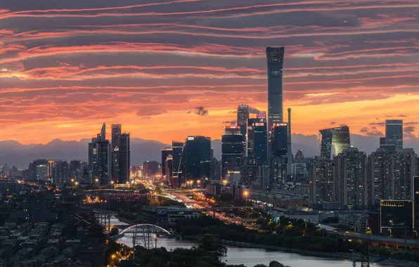 The sky, clouds, sunset, mountains, bridge, the city, lights, river