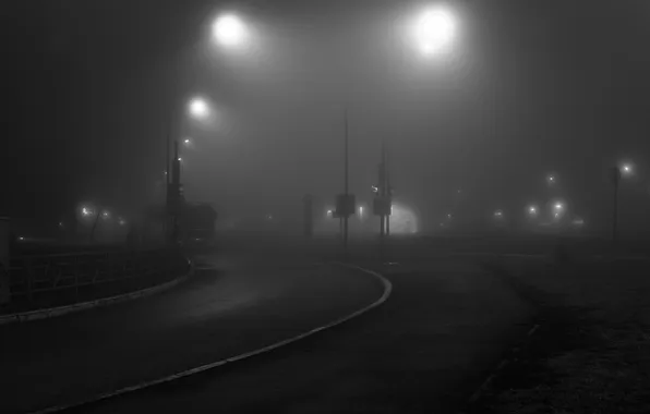 Road, night, the city, fog, black and white, lighting, lights, Russia