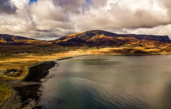 The sky, clouds, landscape, mountains, nature, lake, hills, shore