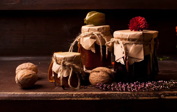 Picture flowers, paper, the dark background, Board, rope, jars, Bank, cover