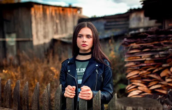 Picture autumn, eyes, look, pose, the fence, Girl, Aleksandr Suhar, Ksenia Sirotkina