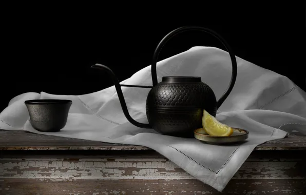 Lemon, towel, kettle, Cup, dishes, black background, slices