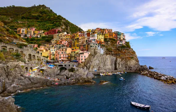 Picture sea, landscape, rocks, coast, building, boats, Italy, panorama