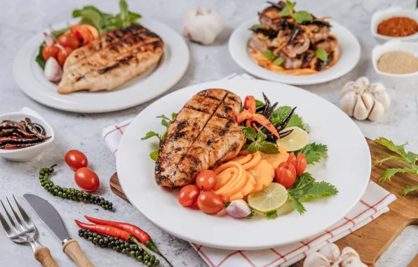Chicken, plate, meat, vegetables, chicken breast