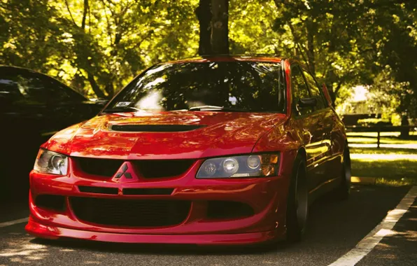 Picture trees, red, Parking, Mitsubishi Lancer Evolution