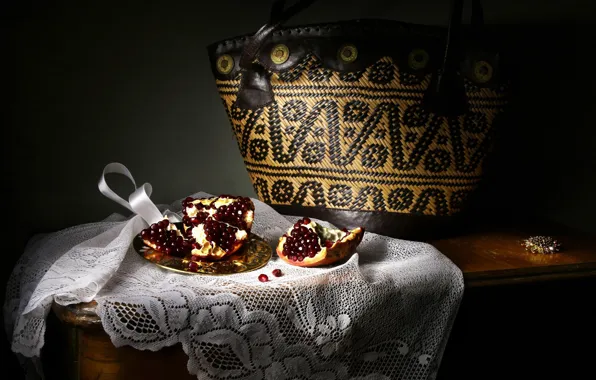 Light, the dark background, table, bag, still life, items, saucer, grenades