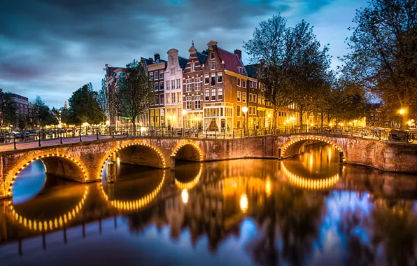 Picture the sky, water, trees, clouds, bridge, the city, lights, reflection, river, home, the evening, lighting, …