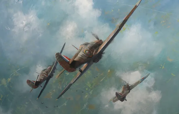 Clouds, Aircraft, Flight, Picture, Britain, Art, Hawker Hurricane, English artist