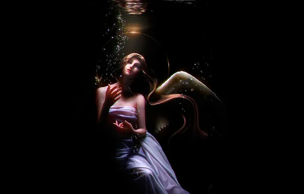 Picture water, bubbles, darkness, wing, Angel