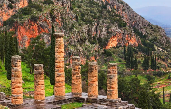 Trees, mountains, Greece, Delphi, the temple of Apollo