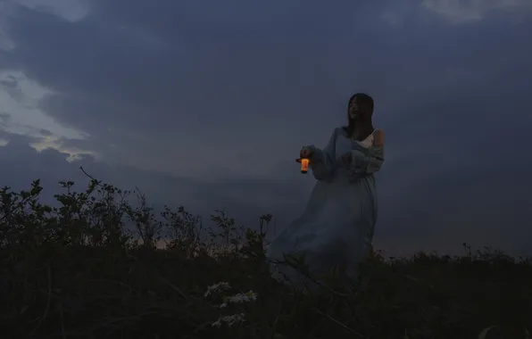 Dark, Sky, Beautiful, Asian, Model, Cloudy, Woman, Evening