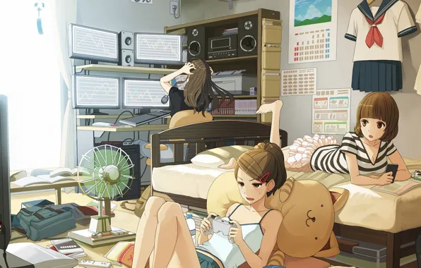 Picture girl, phone, school uniform, gamepad, equipment, bed.