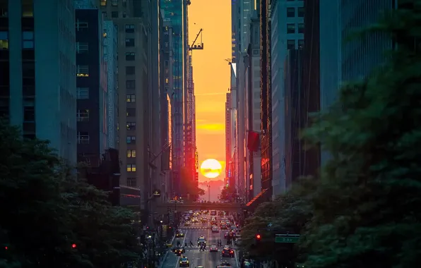 The sun, sunset, the city, street, home, the evening, USA, New York