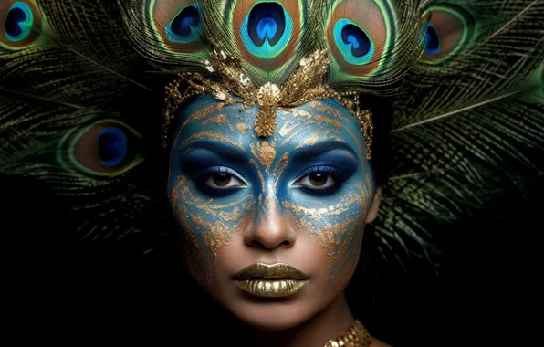 Look, girl, decoration, face, pose, makeup, peacock, image