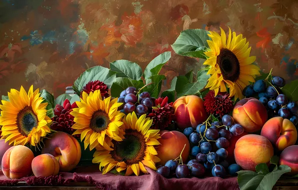 Sunflowers, flowers, table, grapes, fruit, still life, peaches, different