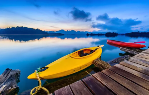 Picture landscape, mountains, lake, dawn, boats, pier, Italy, Canoeing