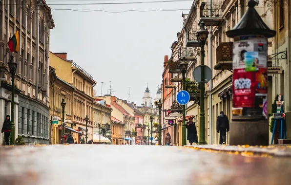 Road, autumn, the city, people, street, building, home, lights