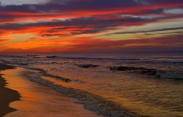 Sand, sea, wave, beach, the sky, clouds, sunset, red