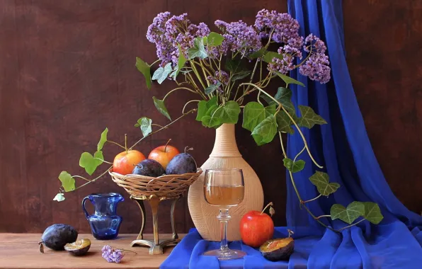 Flowers, vase, fruit, still life, plum, kuvrie