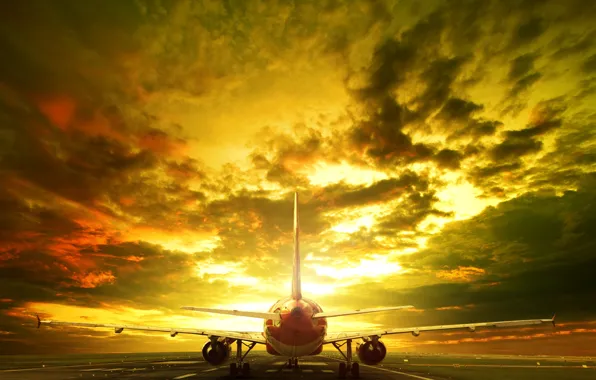 Picture the sky, clouds, landscape, the plane, the evening, glow, runway, passenger