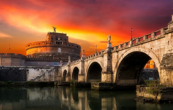 Landscape, sunset, bridge, the city, Rome, Italy, The Vatican, Sant`Angelo