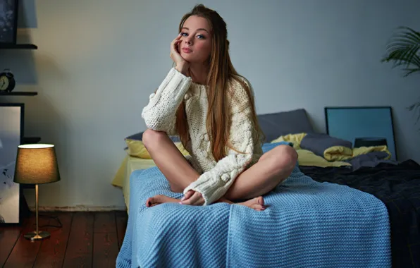 Picture girl, pose, bed, bed, long hair, sweater, Sergey Fat, Maria Zhgenti