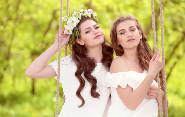 Greens, flowers, background, girls, swing, two, makeup, white