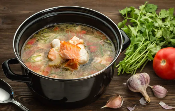 Picture fish, ears, tomatoes, parsley, garlic