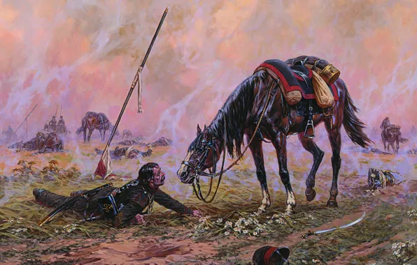 Field, grass, flowers, horse, war, oil, canvas, peak