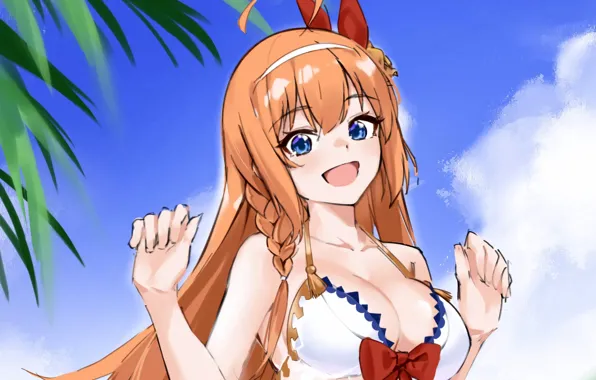 Girl, sexy, cleavage, blouse, long hair, boobs, anime, blue eyes
