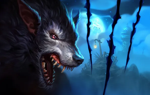 Picture the moon, art, mouth, fangs, world of warcraft, worgen, unidcolor