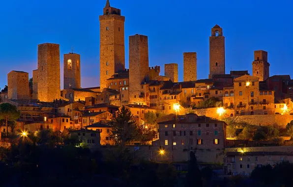 Night, lights, tower, skyscraper, home, Italy, Tuscany, San Gimignano