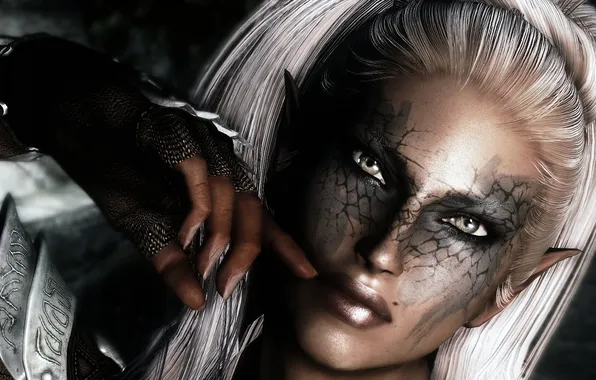Picture eyes, girl, face, hand, tail, disguise, white hair, Skyrim